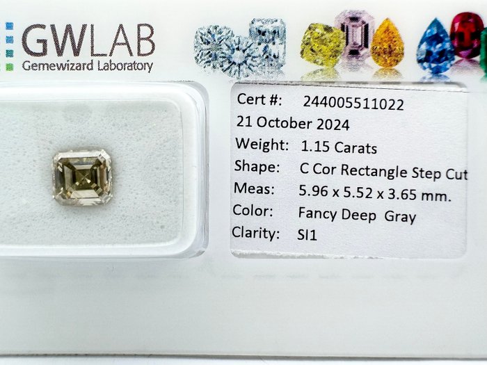 Ingen mindstepris - 1 pcs Diamant  (Naturfarvet)  - 1.15 ct - Rektangel - Fancy deep Grå - SI1 - Gemewizard Gemological Laboratory (GWLab)