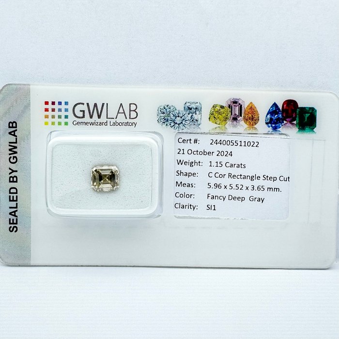 Ingen mindstepris - 1 pcs Diamant  (Naturfarvet)  - 1.15 ct - Rektangel - Fancy deep Grå - SI1 - Gemewizard Gemological Laboratory (GWLab)