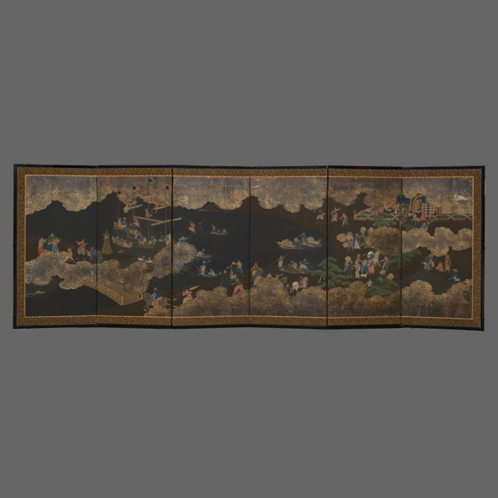 Nanban 南蛮 byôbu 屏風 (foldeskærm) - Papir, Bladguld, lakeret træ, maling - Japan - 18./Første halvdel af 1800-tallet (Edo-periode)