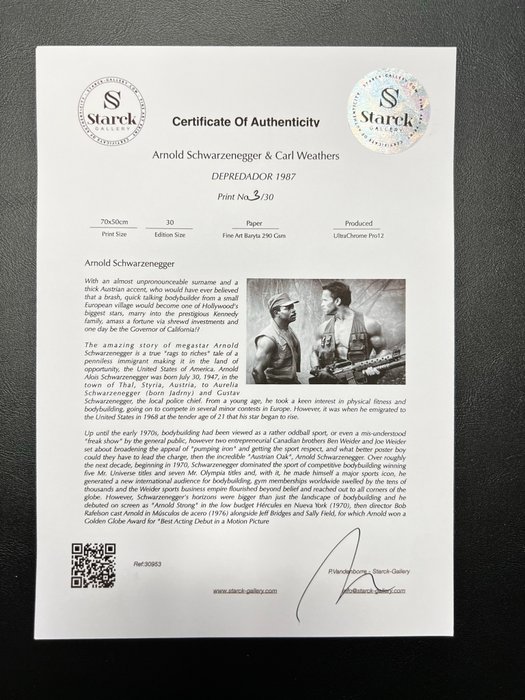 Predator (1987) - Arnold Schwarzenegger  Carl Weathers - Fine Art Photography - Luxury Wooden Framed 70X50 cm - Limited Edition Nr 01 of 30 - Serial ID 30953 - Original Certificate (COA), Hologram Logo Editor and QR Code - 100% New items.