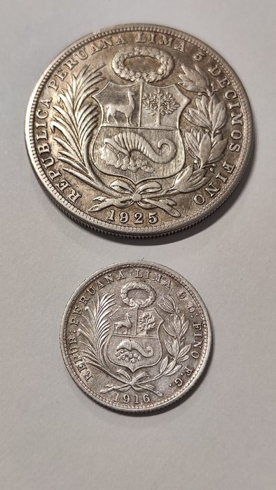 Peru. Republic. 1/5 de Sol + 1 Sol 1925/1916 (2 monedas)  (Ingen mindstepris)