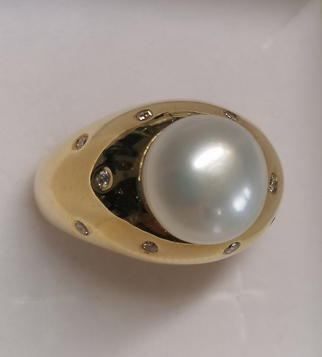 Ring - 18 kraat Gulguld Perle - Diamant - Sydhavet 11mm