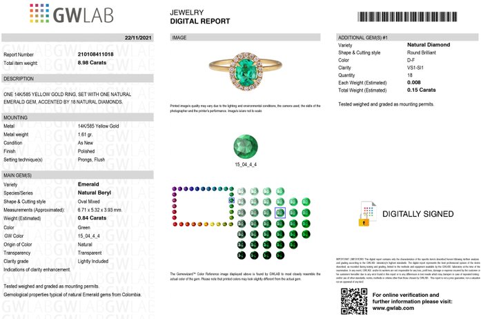 Ring - 14 karat Gulguld -  0.99ct. tw. Smaragd - Diamant - Grøn Smaragd Ring