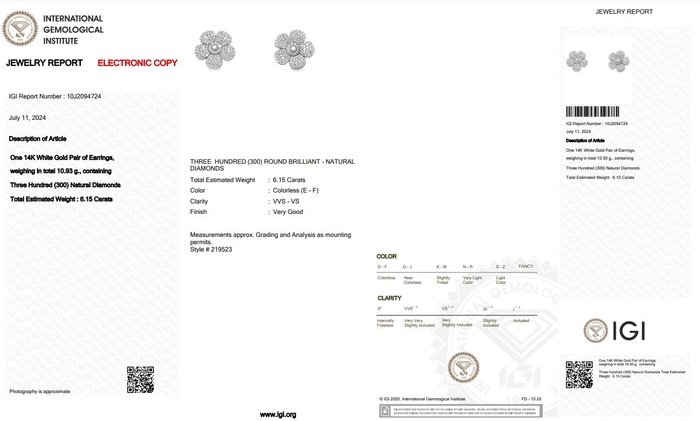 Øreringe - 14 karat Hvidguld -  6.15ct. tw. Diamant (Natur)