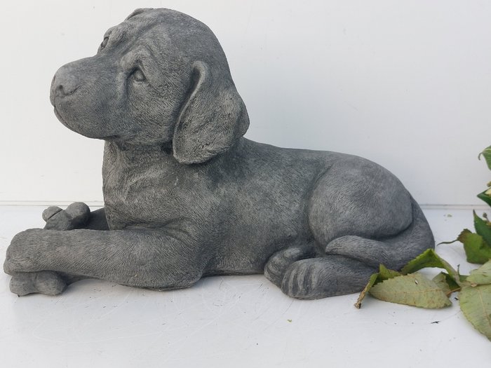 Statue, beautiful statue with fine patina dog with bone - 23 cm - støbt sten