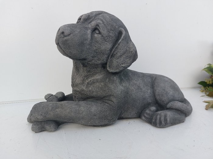 Statue, beautiful statue with fine patina dog with bone - 23 cm - støbt sten