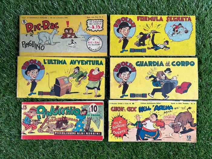 I Comici 6x strisce - Ric-Rac, Ridolini, Criche e Croc, Pinocchio - Pacchetto con 40 Bancalbo - 7 Album - Første udgave - 1948