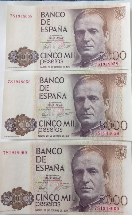 Spanien - 3 x 5000 Pesetas 1979 - Pick 160 - consecutive  (Ingen mindstepris)