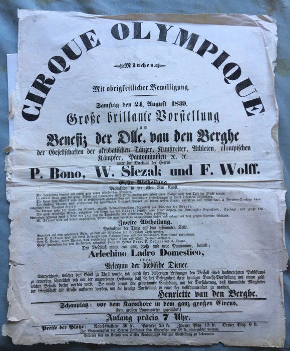 Bono / Slezak / Wolff - Cirque Olympique (München) - Zirkusplakat  [Circus advertising] - 1839