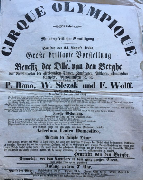 Bono / Slezak / Wolff - Cirque Olympique (München) - Zirkusplakat  [Circus advertising] - 1839