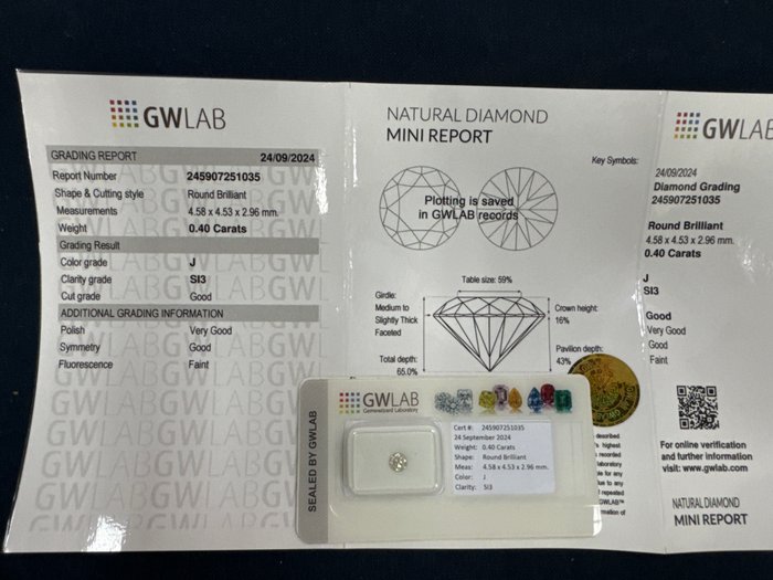 Ingen mindstepris - 1 pcs Diamant  (Natur)  - 0.40 ct - Rund - J - SI3 - Gemewizard Gemological Laboratory (GWLab)