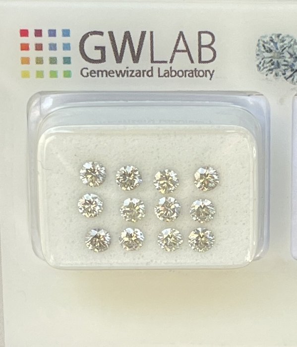 Ingen mindstepris - 12 pcs Diamant  (Natur)  - 1.02 ct - Rund - SI2, VS2 - Gemewizard Gemological Laboratory (GWLab) - Lysegrå