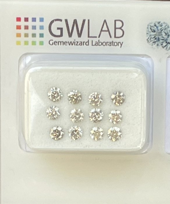 Ingen mindstepris - 12 pcs Diamant  (Natur)  - 1.02 ct - Rund - SI2, VS2 - Gemewizard Gemological Laboratory (GWLab) - Lysegrå