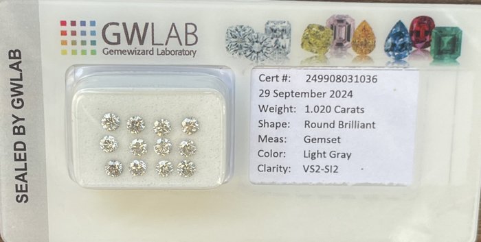 Ingen mindstepris - 12 pcs Diamant  (Natur)  - 1.02 ct - Rund - SI2, VS2 - Gemewizard Gemological Laboratory (GWLab) - Lysegrå