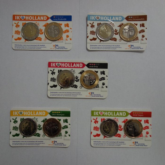 Holland. 2 Euro 2014/2018 (5 coincards)  (Ingen mindstepris)