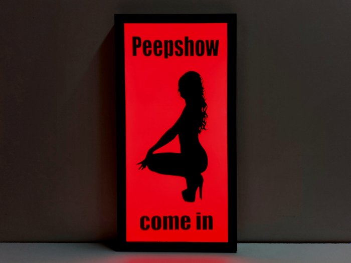 Reklameplakat - Amsterdam Red Light District, Peepshow kommer i oplyst reklameskilt - Plast, Stål