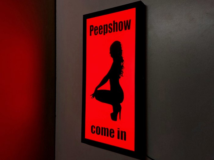 Reklameplakat - Amsterdam Red Light District, Peepshow kommer i oplyst reklameskilt - Plast, Stål