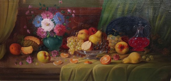 Bert Van Bulck(1915-1988) - Zeer groot wijn fruit en bloemstilleven