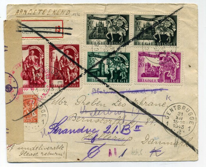 Belgien 1943/1949 - Sjældent Belgien Brev frankeret med Vinterrelieffrimærker Gentbrugge 31.12.1943 ca. - COB N°632+ 633 X2+ 634 + 635 X 2