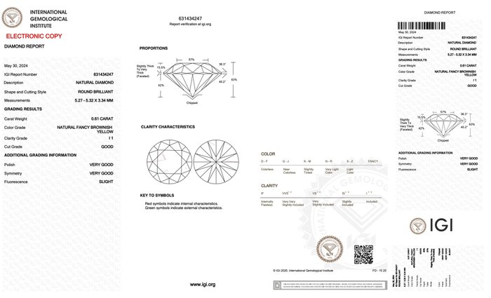 Ingen mindstepris - 1 pcs Diamant  (Naturfarvet)  - 0.61 ct - Rund - Fancy Brunlig Gul - I1 - International Gemological Institute (IGI)