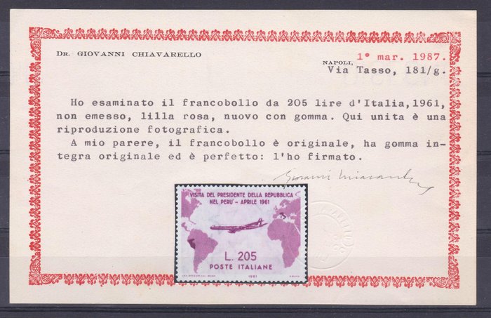 Italien 1961 - “Gronchi Rosa” Lire 205 pink lilla MNH** Chiavarello certifikat - Sassone N 921 euro 1.900,00