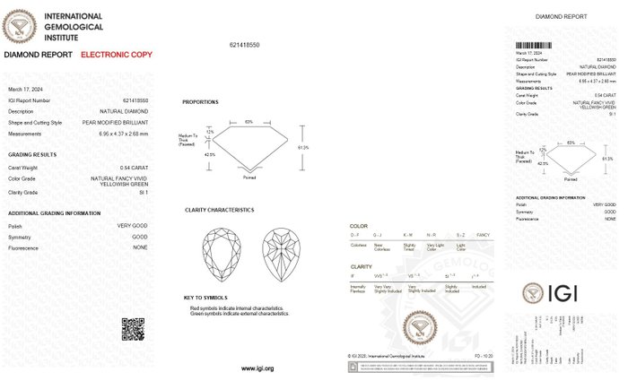 1 pcs Diamant  (Naturfarvet)  - 0.54 ct - Pære - Fancy vivid Gullig Grøn - SI1 - International Gemological Institute (IGI)