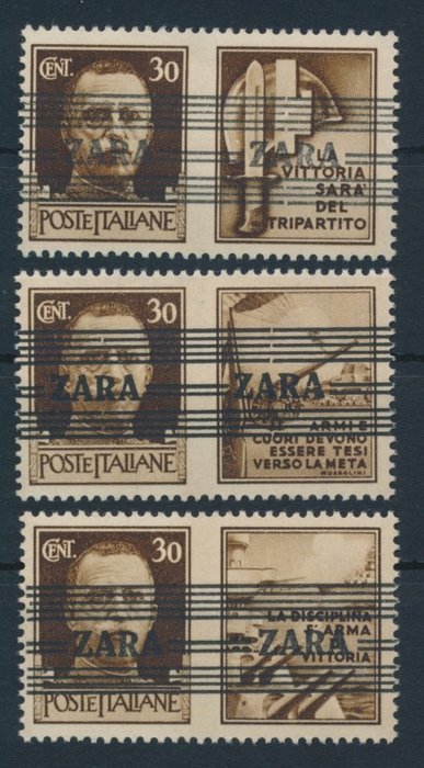 Tyske Rige - Besættelse af Zara 1943 - Frimærker båndaftryk "Zara", 30 centesimi brun med propagandafelter - Michel Nr. 36.2, 36,3, 36.4 Type I mit Fotobefund Brunel VP "echt  einwandfrei"