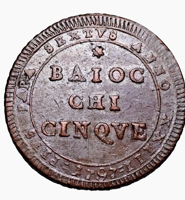 Italien, Kirkestaten. Pio VI (1775-1799). 5 Baiocchi  (Ingen mindstepris)