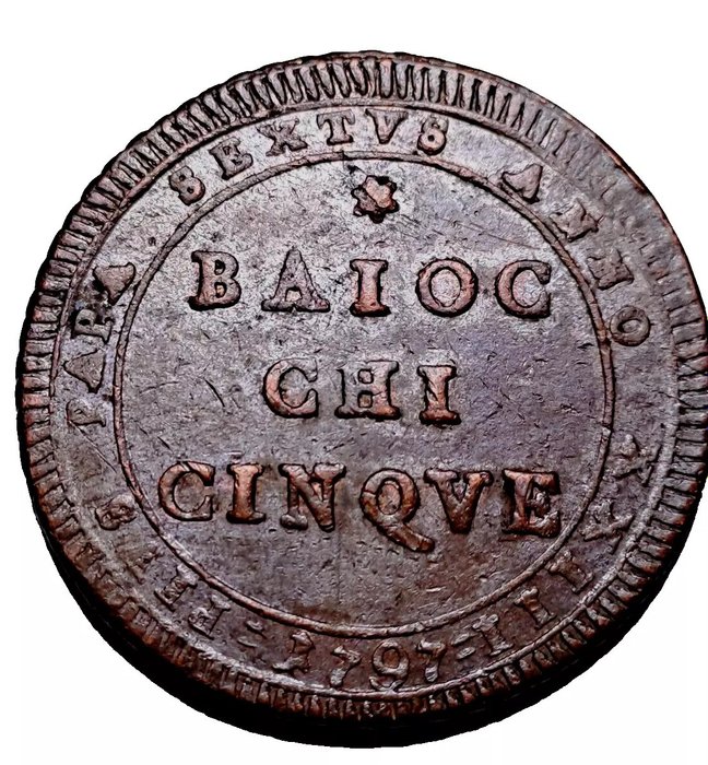 Italien, Kirkestaten. Pio VI (1775-1799). 5 Baiocchi  (Ingen mindstepris)