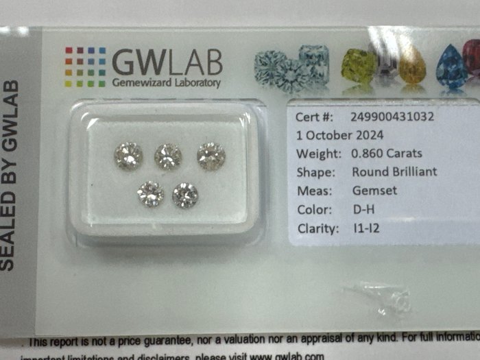 Ingen mindstepris - 5 pcs Diamant  (Natur)  - 0.86 ct - Rund - D (farveløs), E, F, G, H - I1, I2 - Gemewizard Gemological Laboratory (GWLab)