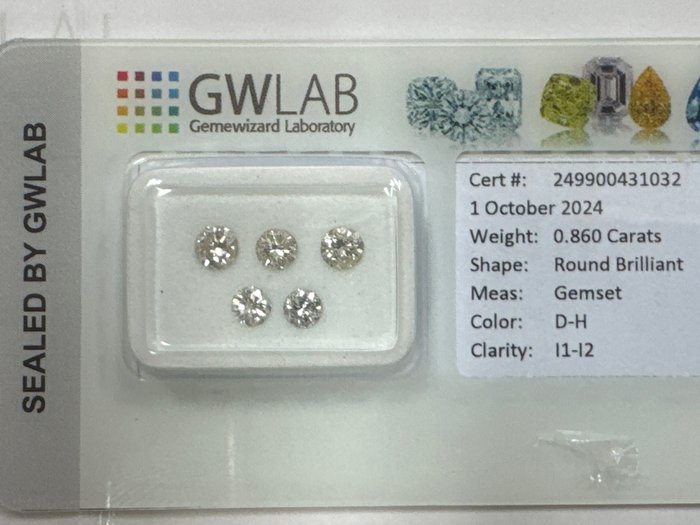 Ingen mindstepris - 5 pcs Diamant  (Natur)  - 0.86 ct - Rund - D (farveløs), E, F, G, H - I1, I2 - Gemewizard Gemological Laboratory (GWLab)