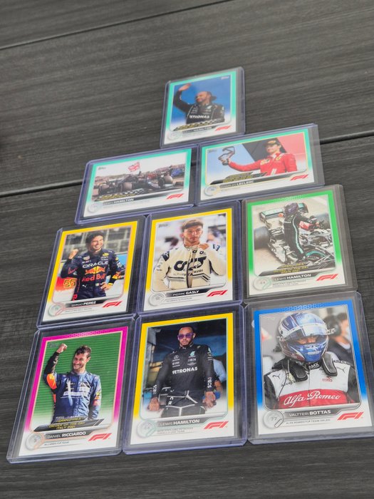 2022 Topps Chrome F1 Hamilton, Bottas, Leclerc, Perez, Gasly, Ricciardo - Parallels - 9 Card - Næsten så god som ny (NM)