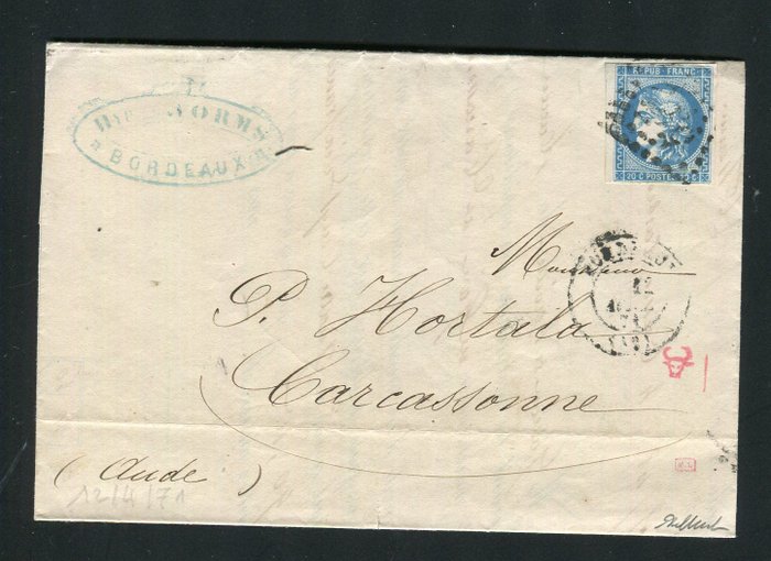 Frankrig 1871 - Superbe lettre de Bordeaux pour Carcassonne avec un n° 46B - Cachet GC 532