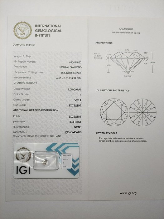 1 pcs Diamant  (Natur)  - 105 ct - Rund - F - VVS1 - International Gemological Institute (IGI)