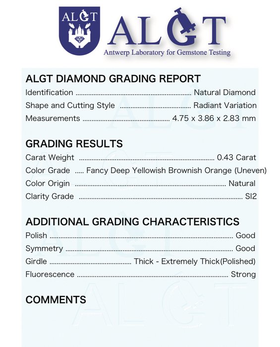 1 pcs Diamant  (Naturfarvet)  - 0.43 ct - Radiant - Fancy deep Brunlig, Gullig Orange - SI2 - Antwerp Laboratory for Gemstone Testing (ALGT)