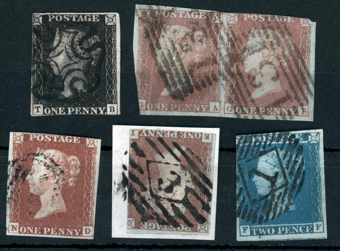 Storbritannien 1840/1841 - Storbritannien - Lot mit 1 Penny black, Paar 1 Penny , Einzelmarke 1 Penny rotbraun und 2 Pence blau Mi.Nr. 1, 3 und