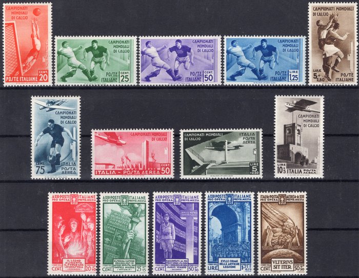 Italien Kongerige 1934/1935 - "Football World Cup" + "Militia IV Emiss." - de to komplette nye sæt med intakt gummi - kvalitet - Sass. n° 357/361+A69/A72+380/383+A89