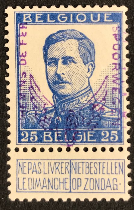 Belgien 1915 - Jernbanestempel - Vingehjul - 25 centimes Blå - Med kendetegn / Signeret - Smukt center - OBP TR51-Cu : Verdubbelde opdruk