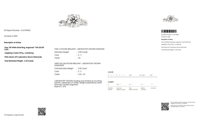 Ingen mindstepris - Ring - 14 karat Hvidguld -  3.34ct. tw. Diamant (Laboratoriedyrket) - Diamant - IGI 3.09 CT Ideal E VS1