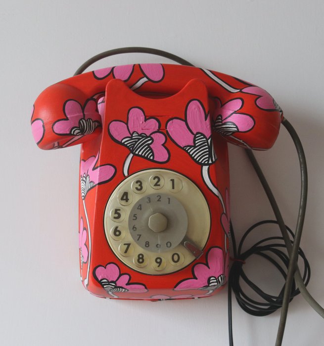 Analog telefon - Bakelit - Vintage vægtelefon, håndmalet