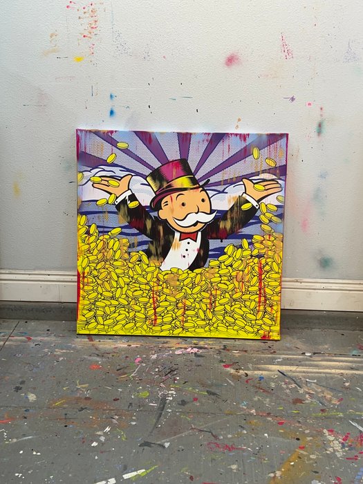 Dillon Boy (1979) - Mr Monopoly Pop Art Painting x Alec Monopoly Money Richie Rich Bitcoin in Louis Vuitton x No Reserve