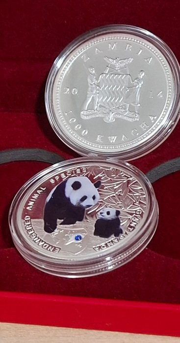 Zambia. 1000 Kwacha 2014 Set 2 Monedas de animales en extinción de Oso panda con su cría y de Rinoceronte con su cría  (Ingen mindstepris)