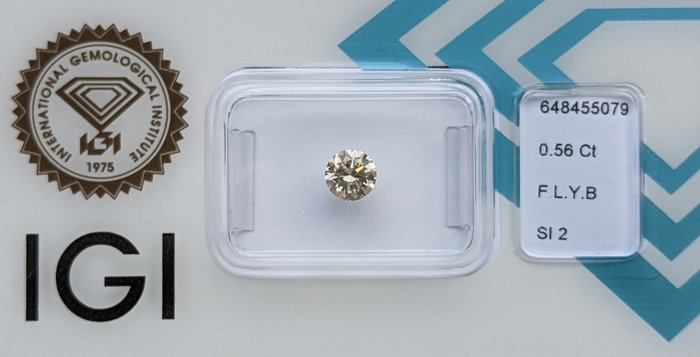 Ingen mindstepris - 1 pcs Diamant  (Naturfarvet)  - 0.56 ct - Rund - Fancy light Gul Brun - SI2 - International Gemological Institute (IGI)