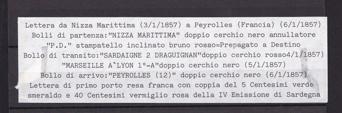 Antikke Italienske Stater - Sardinien 1855 - brev til Frankrig med et par 5 smaragd cent og 40 pink vermilion cent - Sassone 14