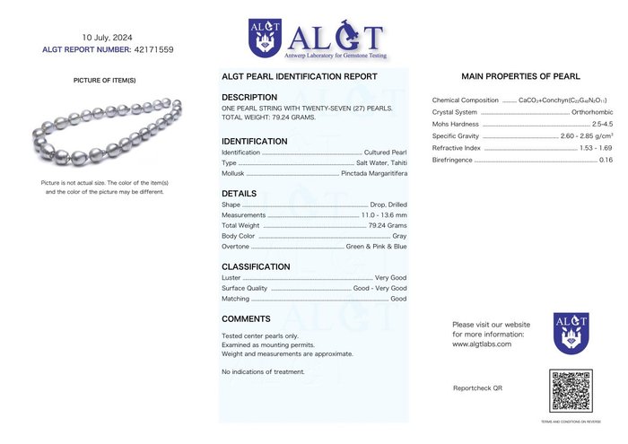 Halskæde ALGT-certificerede 110 x 136 mm regnbue sølvfarvede Tahiti-perler