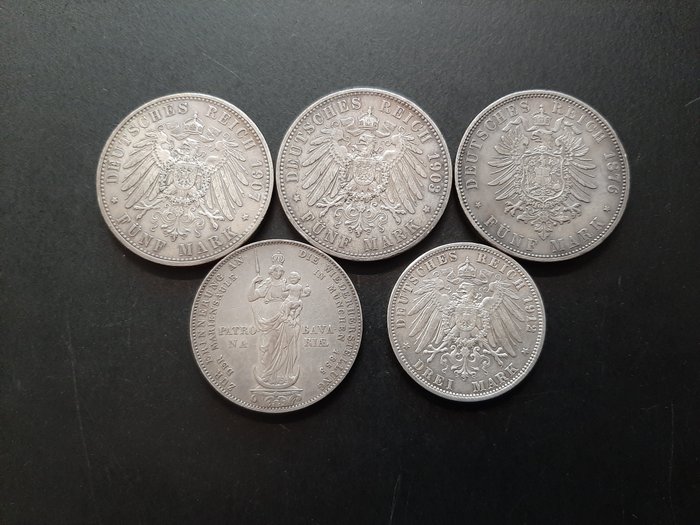 Tyskland. Lot de 5 monnaies en argent, 1855/1912