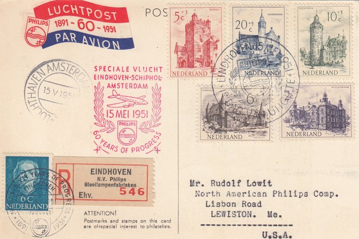 Holland 1951/1951 - Holland 1951 Summerstamps (Castles) FDC på Phillips Company Postkort med VLEEMING-certifikat