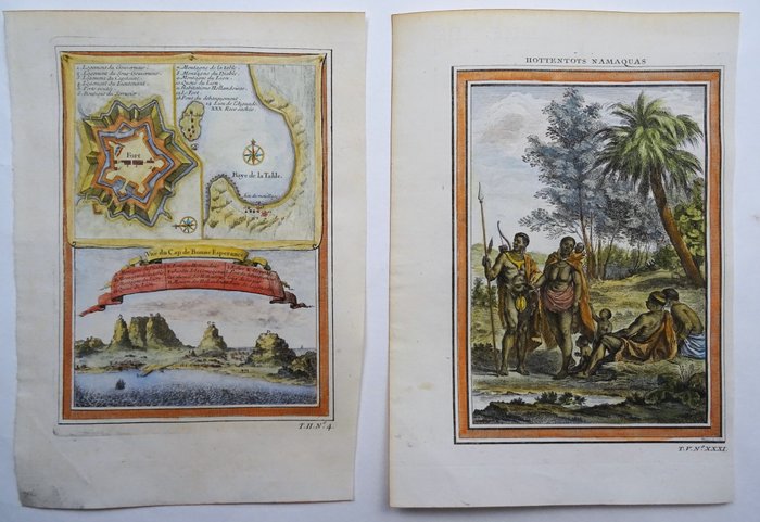 Sydafrika - Cape Town, Table Bay, Robben Island - 2 kort/visning; J.N. Bellin / J. van der Schley - Vue du Cap de Bonne Esperance / Hottentots Namaquas - 1721-1750