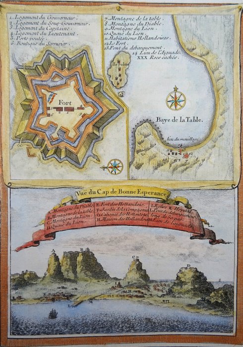 Sydafrika - Cape Town, Table Bay, Robben Island - 2 kort/visning; J.N. Bellin / J. van der Schley - Vue du Cap de Bonne Esperance / Hottentots Namaquas - 1721-1750