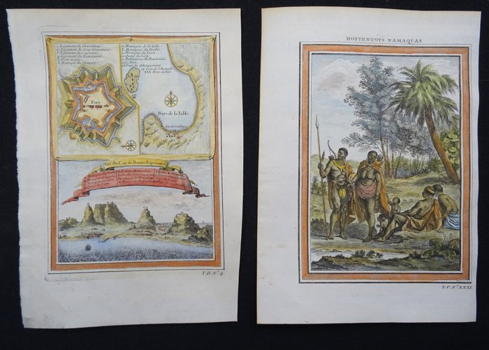 Sydafrika - Cape Town, Table Bay, Robben Island - 2 kort/visning; J.N. Bellin / J. van der Schley - Vue du Cap de Bonne Esperance / Hottentots Namaquas - 1721-1750